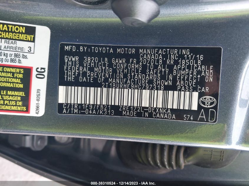 2017 TOYOTA COROLLA LE - 2T1BURHE9HC797318
