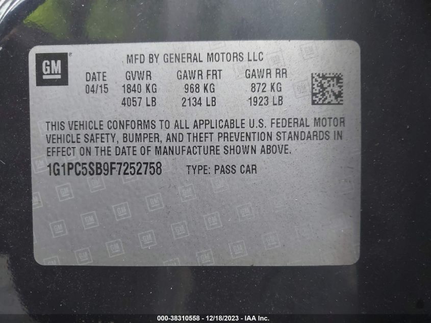 2015 CHEVROLET CRUZE 1LT AUTO - 1G1PC5SB9F7252758