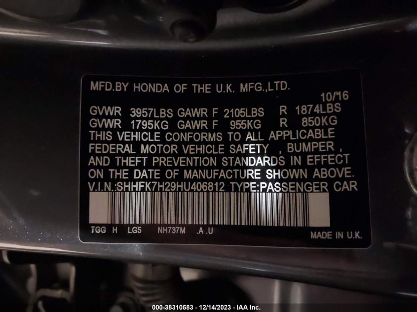 2017 HONDA CIVIC LX - SHHFK7H29HU406812