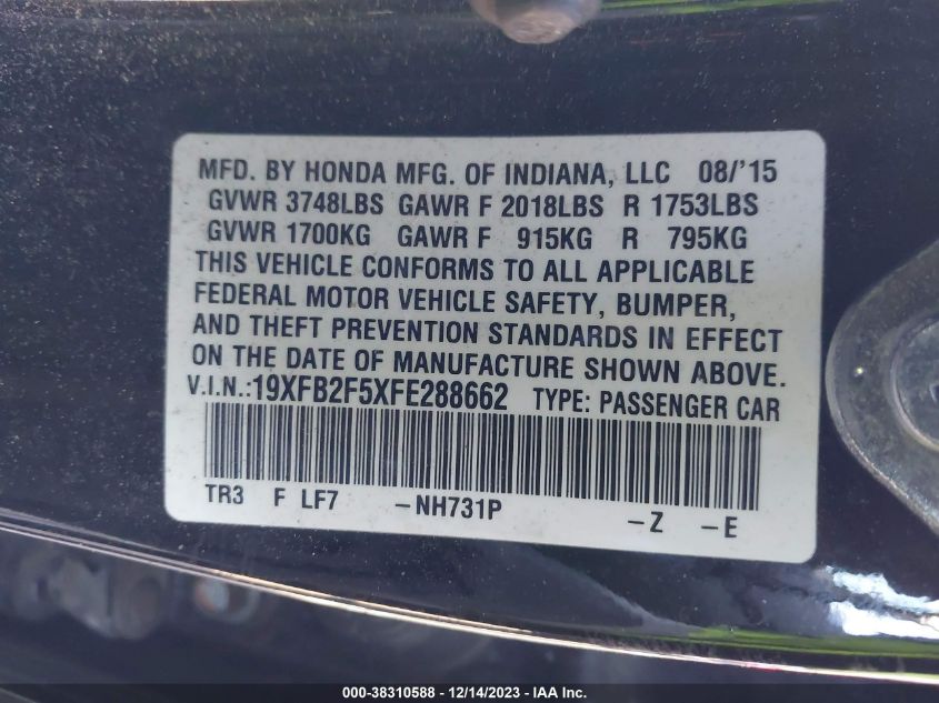 2015 HONDA CIVIC LX - 19XFB2F5XFE288662