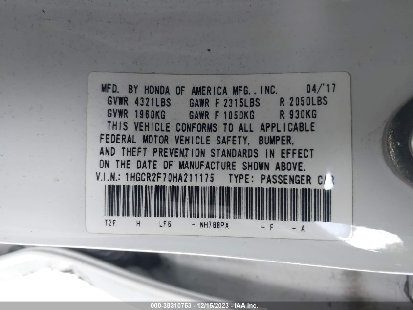 2017 HONDA ACCORD EX - 1HGCR2F70HA211175