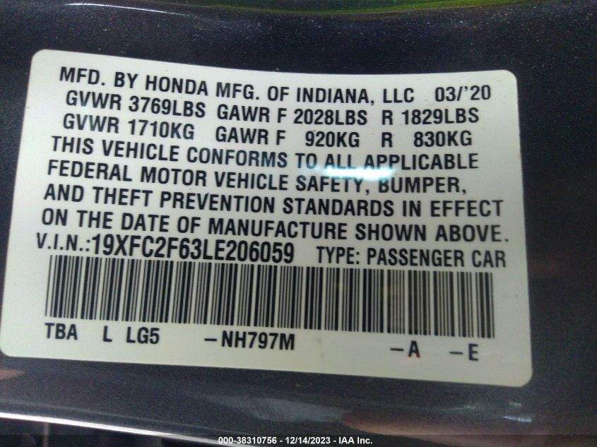 2020 HONDA CIVIC LX - 19XFC2F63LE206059