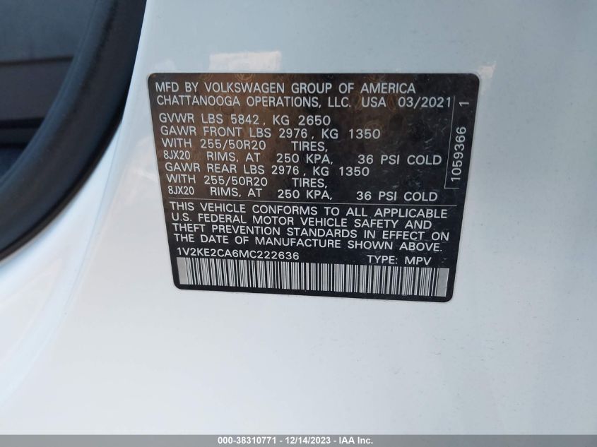 2021 VOLKSWAGEN ATLAS CROSS SPORT 3.6L V6 SE W/TECHNOLOGY - 1V2KE2CA6MC222636