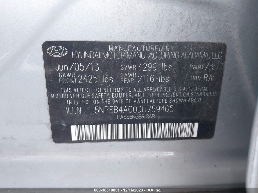 2013 HYUNDAI SONATA - 5NPEB6AC0DH759465