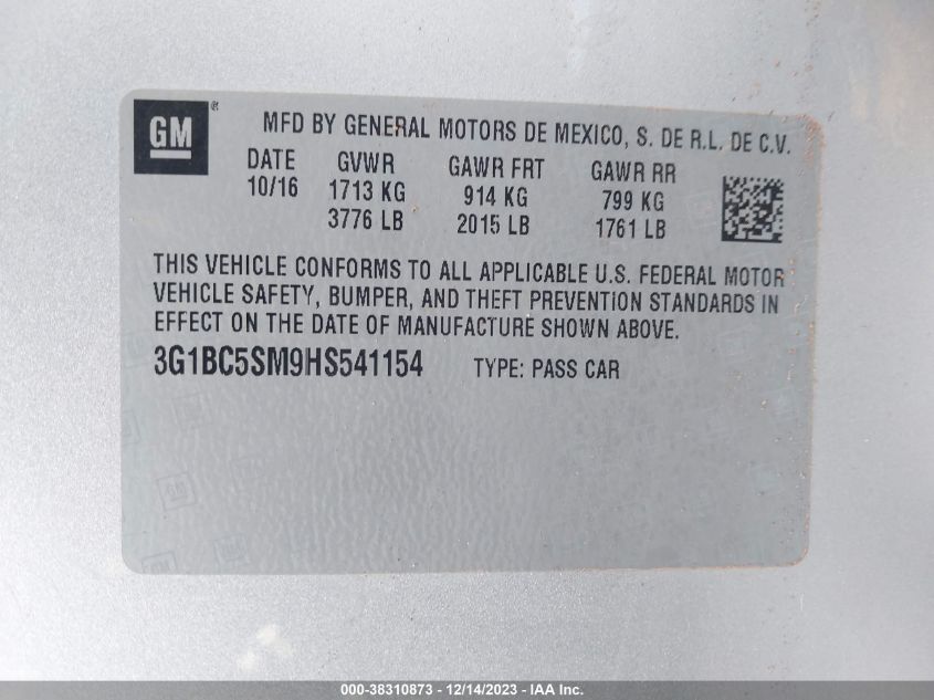 2017 CHEVROLET CRUZE LS AUTO - 3G1BC5SM9HS541154