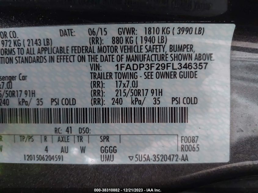 2015 FORD FOCUS SE - 1FADP3F29FL346357