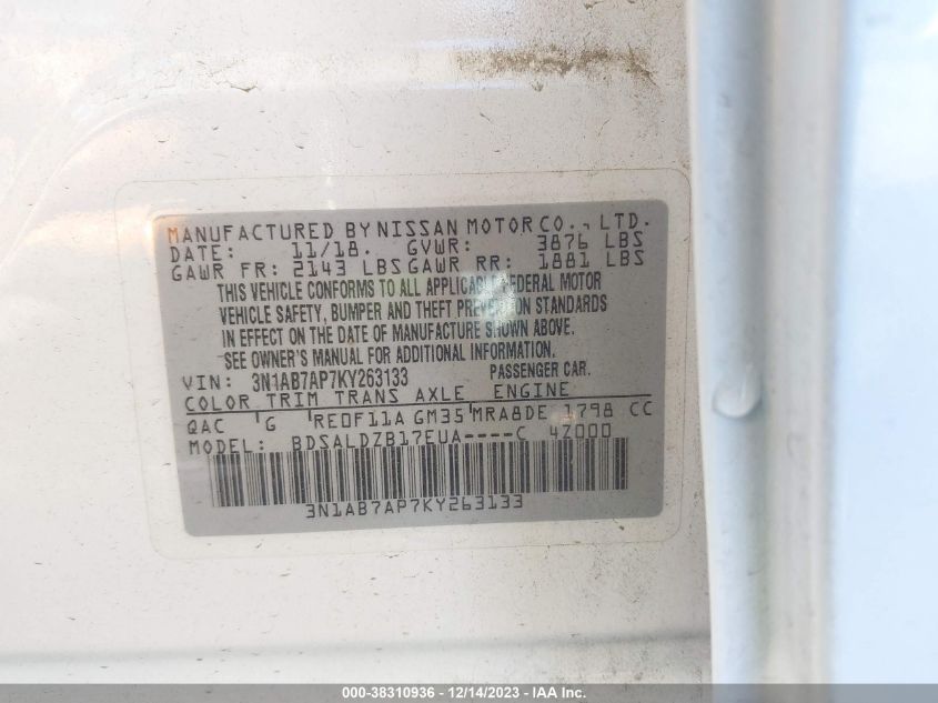 2019 NISSAN SENTRA SV - 3N1AB7AP7KY263133