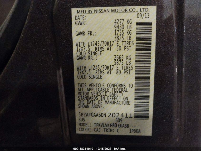 2013 NISSAN NV PASSENGER NV3500 HD SL V8 5BZAF0AA6DN202411