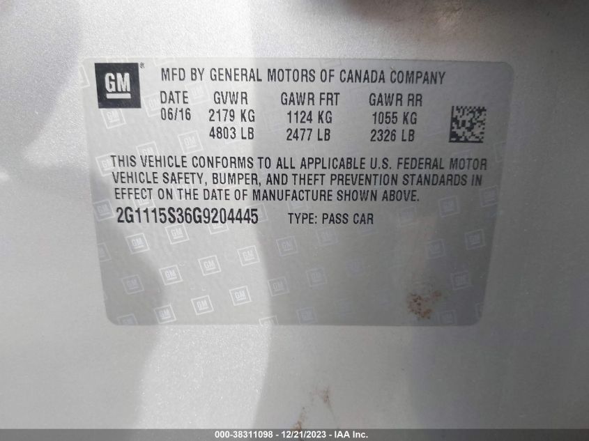 2016 CHEVROLET IMPALA 2LT - 2G1115S36G9204445