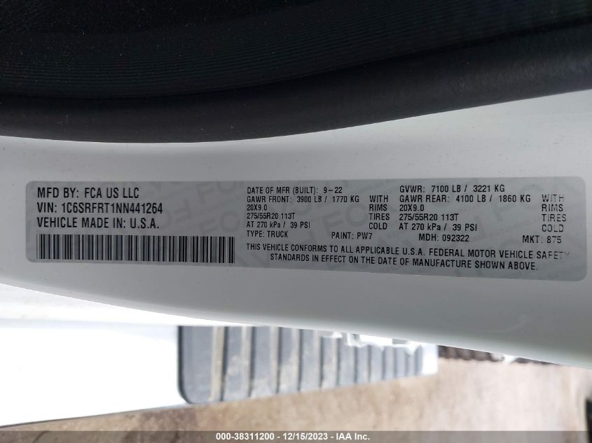 2022 RAM 1500 LARAMIE - 1C6SRFRT1NN441264