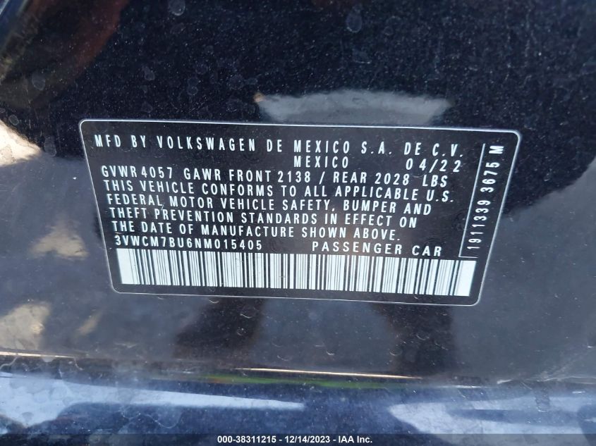 2022 VOLKSWAGEN JETTA 1.5T S - 3VWCM7BU6NM015405