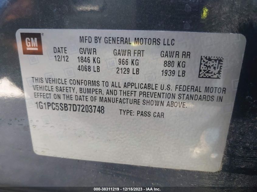2013 CHEVROLET CRUZE LT - 1G1PC5SB7D7203748
