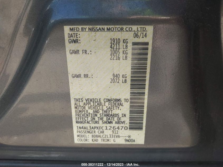 2015 NISSAN ALTIMA 2.5 S - 1N4AL3APXFC126470