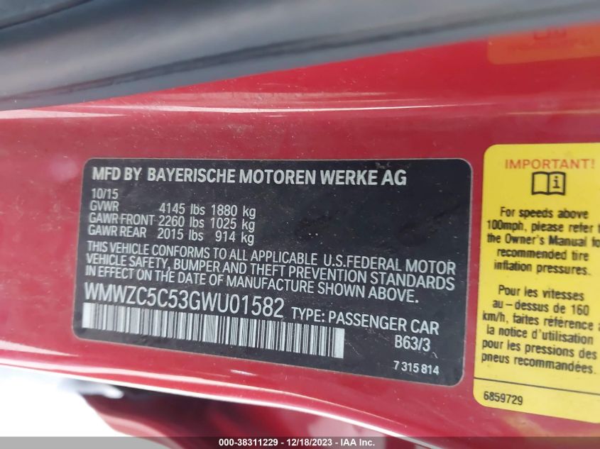 2016 MINI COUNTRYMAN COOPER S WMWZC5C53GWU01582