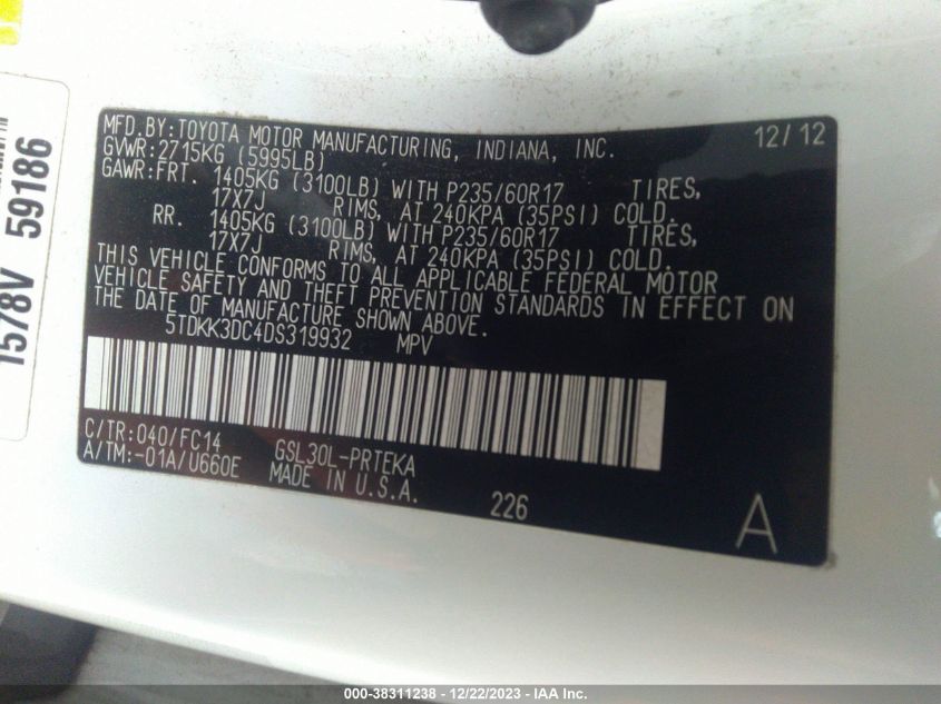 2013 TOYOTA SIENNA LE V6 8 PASSENGER - 5TDKK3DC4DS319932
