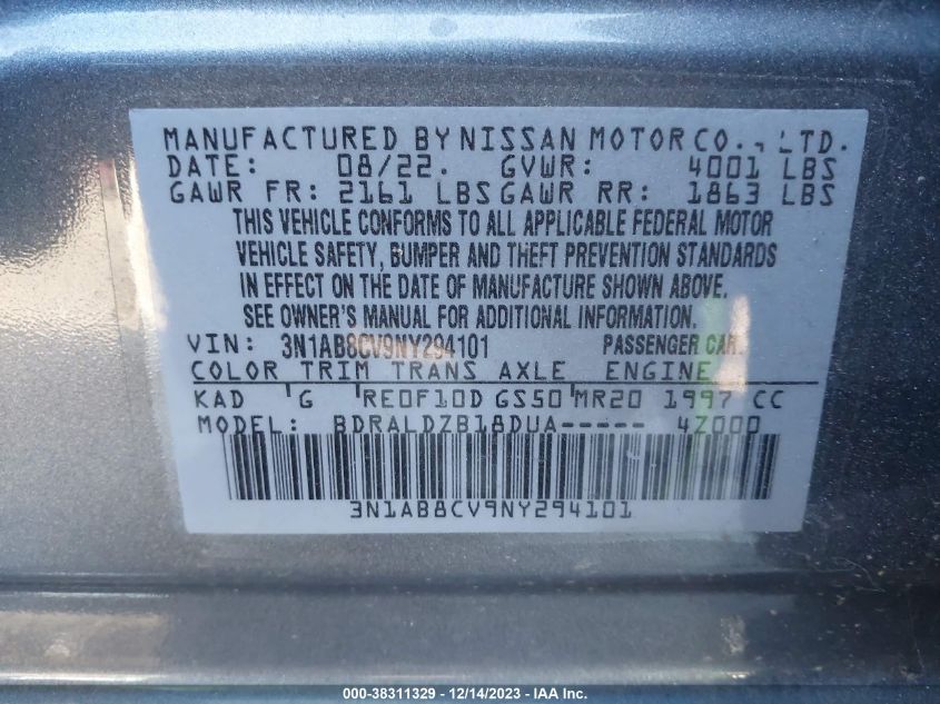 3N1AB8CV9NY294101 | 2022 NISSAN SENTRA