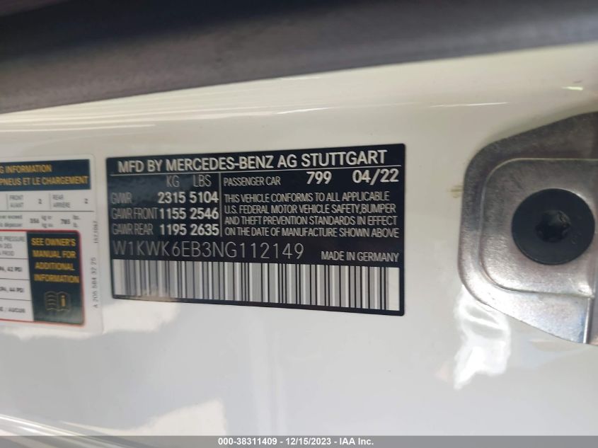 2022 MERCEDES-BENZ AMG C 43 4MATIC W1KWK6EB3NG112149