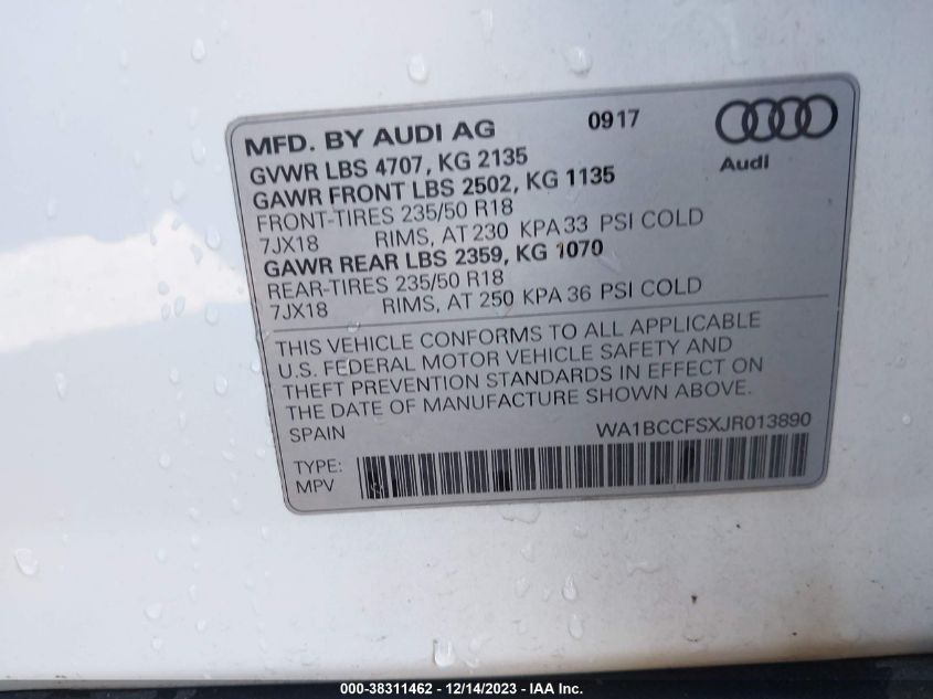 2018 AUDI Q3 2.0T PREMIUM/2.0T SPORT PREMIUM - WA1BCCFSXJR013890