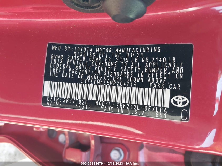 VIN 5YFEPMAE5MP204744 2021 TOYOTA COROLLA LE