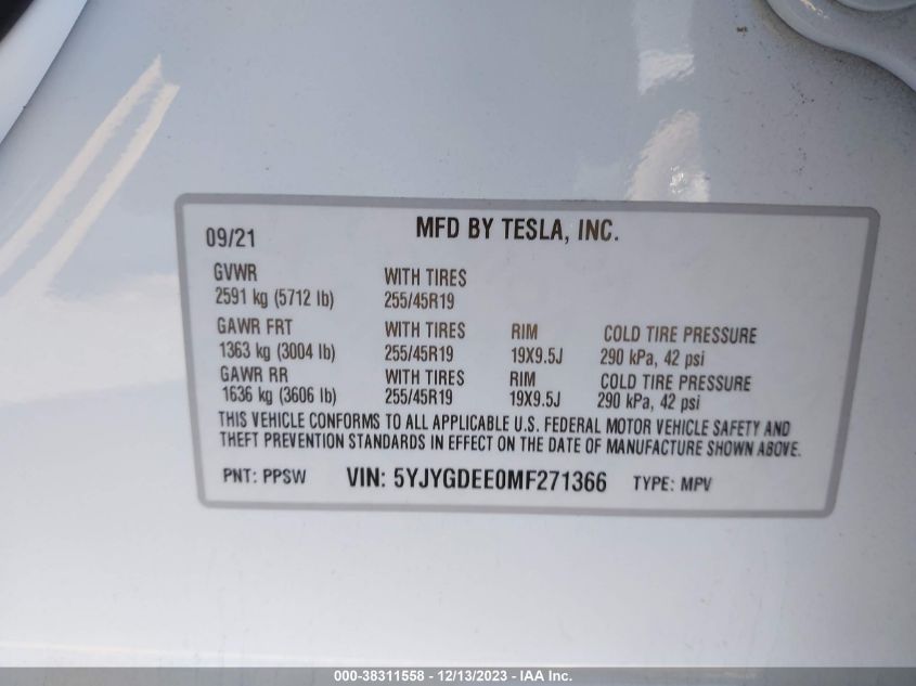 2021 TESLA MODEL Y LONG RANGE DUAL MOTOR ALL-WHEEL DRIVE - 5YJYGDEE0MF271366