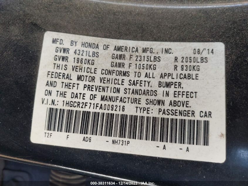 2015 HONDA ACCORD EX - 1HGCR2F71FA009216