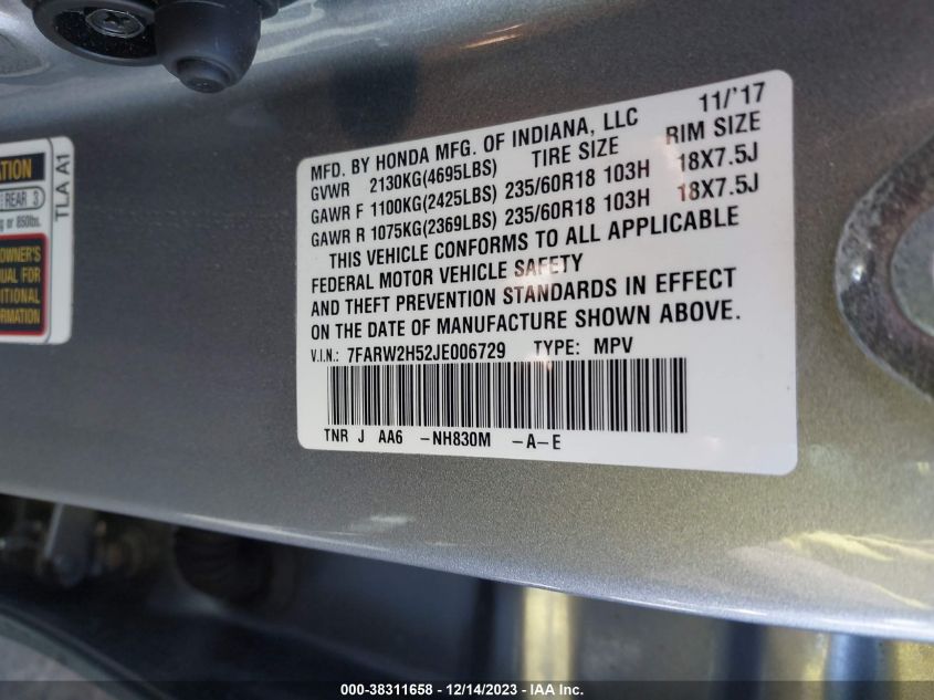 2018 HONDA CR-V EX - 7FARW2H52JE006729