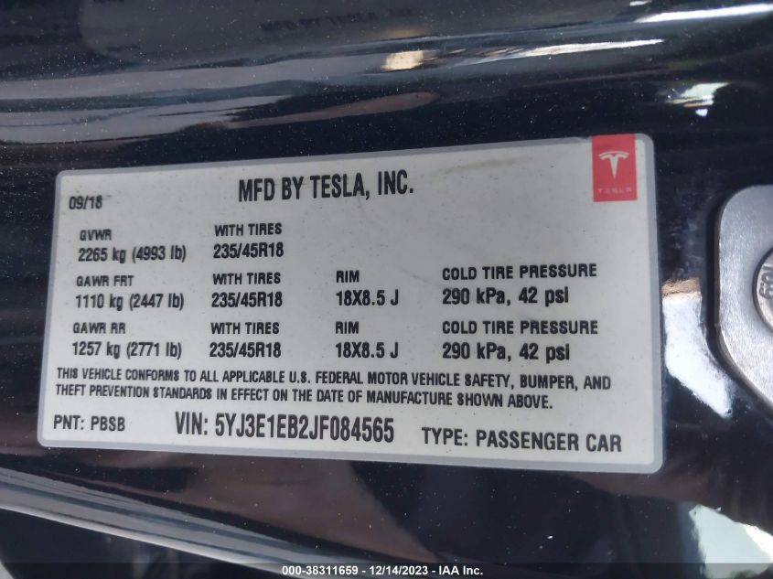 2018 TESLA MODEL 3 LONG RANGE/PERFORMANCE - 5YJ3E1EB2JF084565