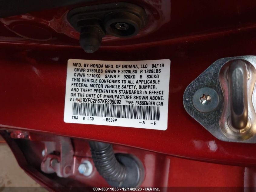 2019 HONDA CIVIC LX - 19XFC2F67KE209092