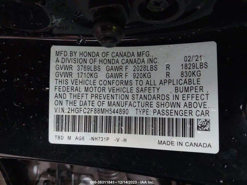 VIN 2HGFC2F88MH544890 2021 HONDA CIVIC SPORT