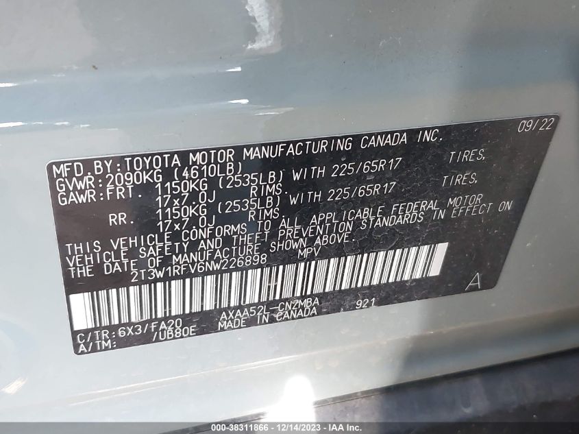 2022 TOYOTA RAV4 XLE - 2T3W1RFV6NW226898