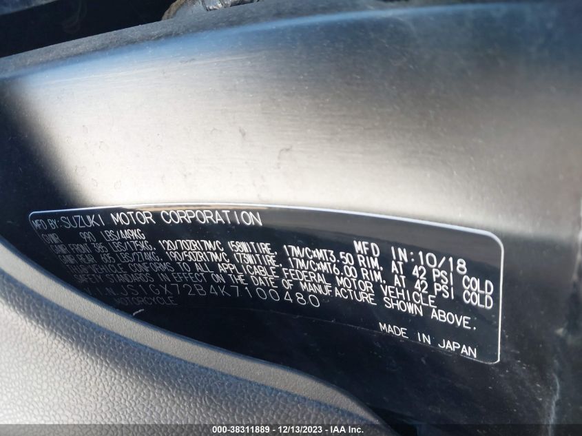 VIN JS1GX72B4K7100480 2019 SUZUKI GSX1300 RA