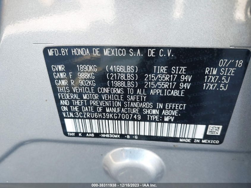 2019 HONDA HR-V LX - 3CZRU6H39KG700749