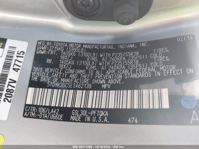 2014 TOYOTA SIENNA LIMITED V6 7 PASSENGER - 5TDYK3DC5ES462139
