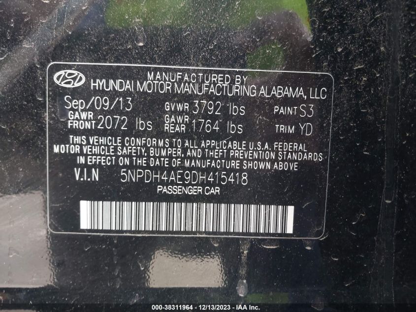 2013 HYUNDAI ELANTRA GLS - 5NPDH4AE9DH415418