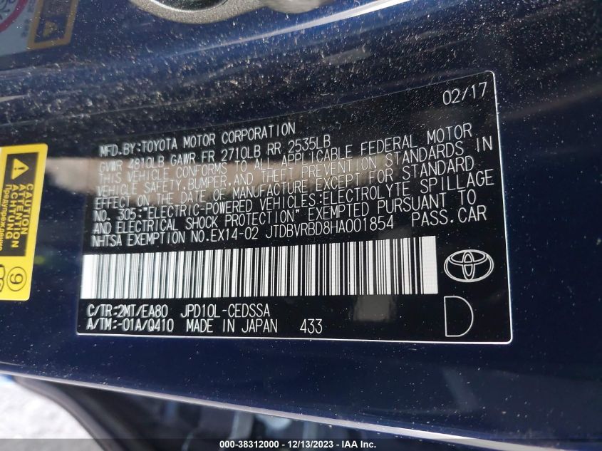 VIN JTDBVRBD8HA001854 2017 TOYOTA MIRAI