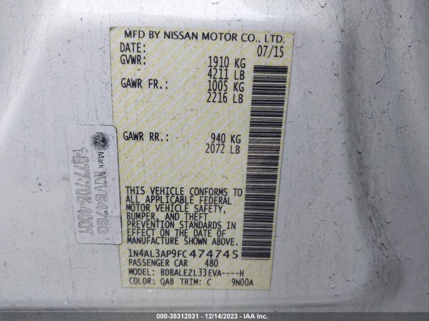 2015 NISSAN ALTIMA 2.5 S - 1N4AL3AP9FC474745