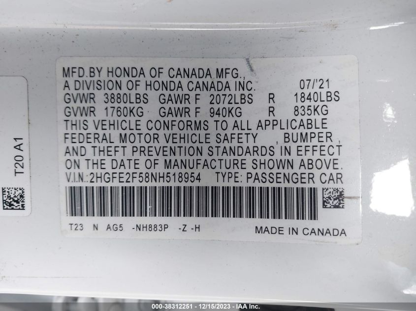 2022 HONDA CIVIC SPORT - 2HGFE2F58NH518954