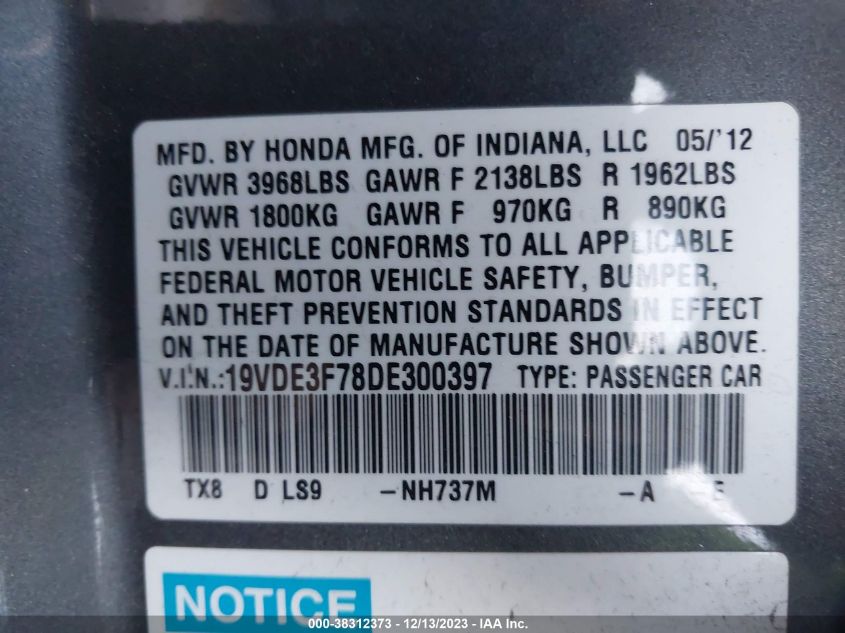 2013 ACURA ILX HYBRID 1.5L - 19VDE3F78DE300397