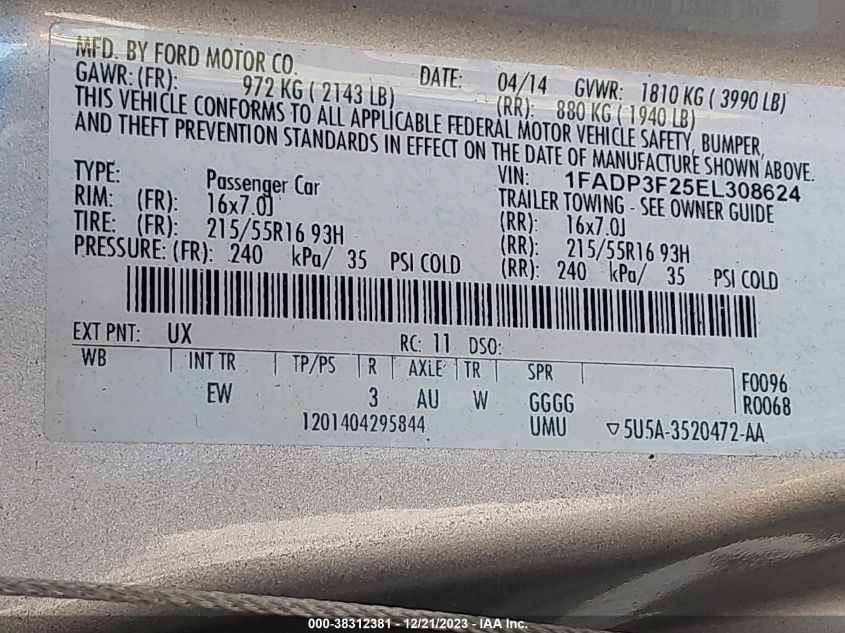 2014 FORD FOCUS SE - 1FADP3F25EL308624