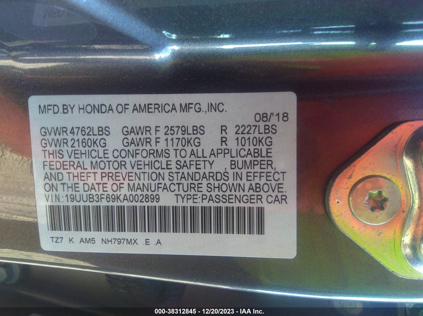 VIN 19UUB3F69KA002899 2019 ACURA TLX TECHNOLOGY/A-SPEC