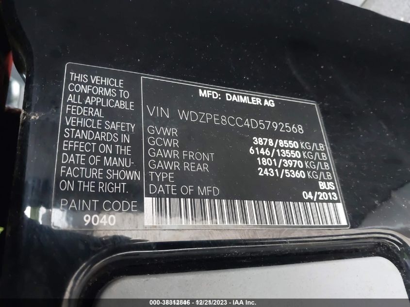 2013 MERCEDES-BENZ SPRINTER 2500 HIGH  ROOF - WDZPE8CC4D5792568