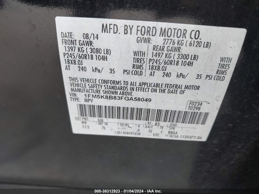 2015 FORD EXPLORER - 1FM5K8B83FGA58049