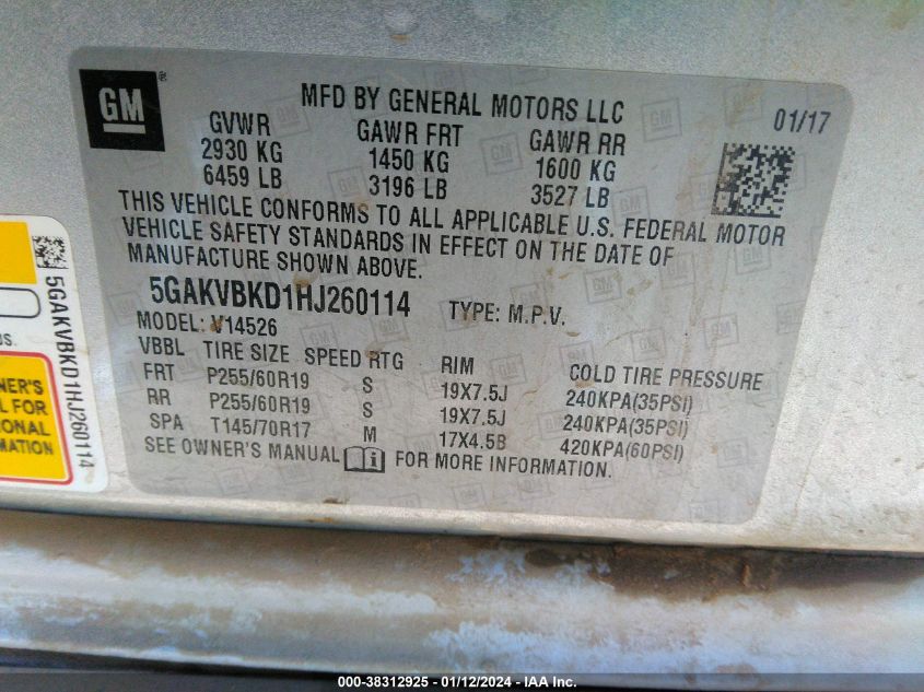 2017 BUICK ENCLAVE - 5GAKVBKD1HJ260114