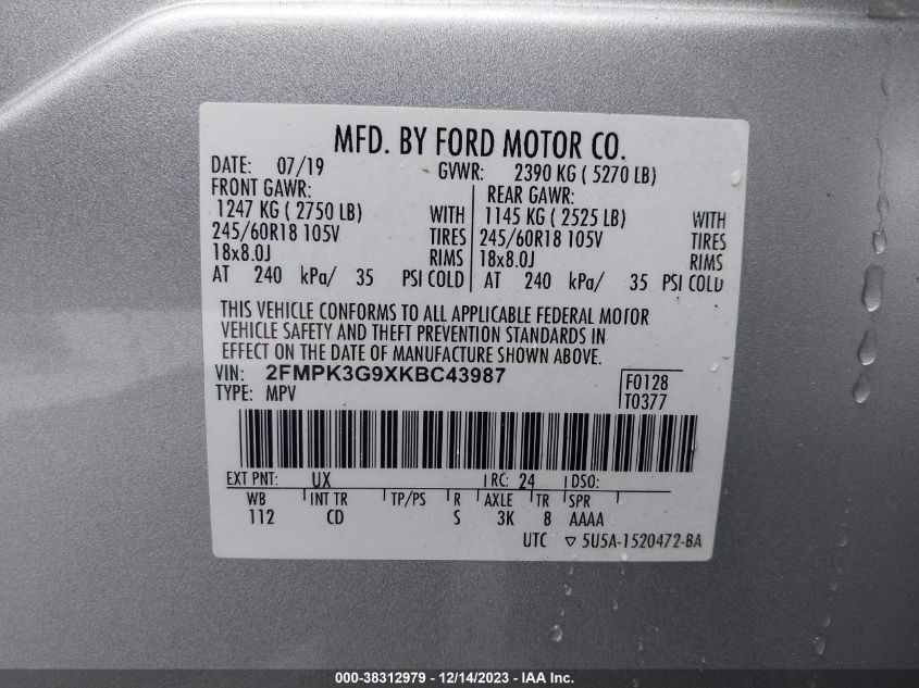 VIN 2FMPK3G9XKBC43987 2019 FORD EDGE SE