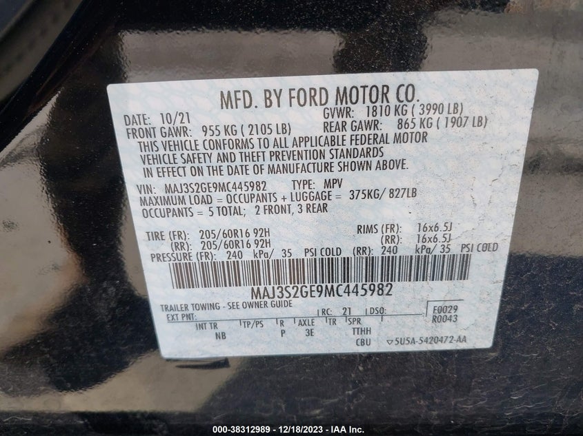 VIN MAJ3S2GE9MC445982 2021 FORD ECOSPORT SE