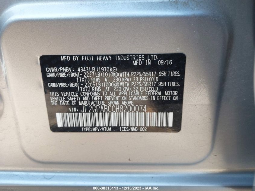 2017 SUBARU CROSSTREK PREMIUM - JF2GPABC0H8200074
