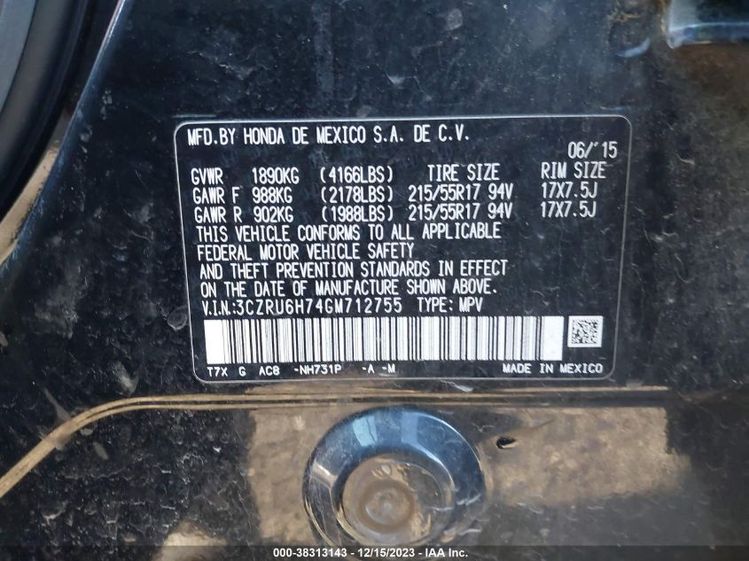 2016 HONDA HR-V EX-L - 3CZRU6H74GM712755