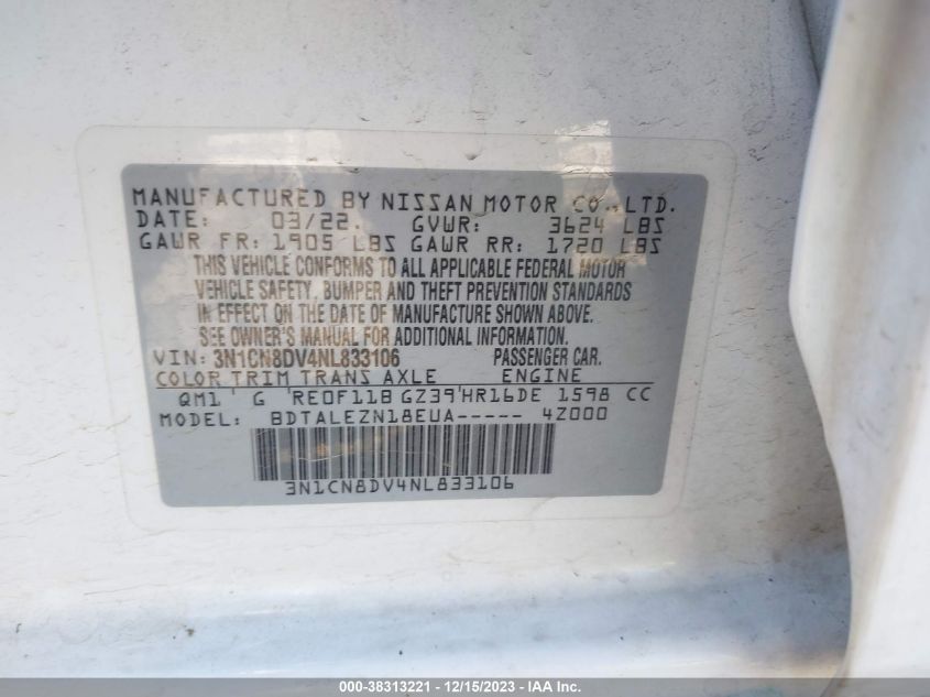 2022 NISSAN VERSA S - 3N1CN8DV4NL833106