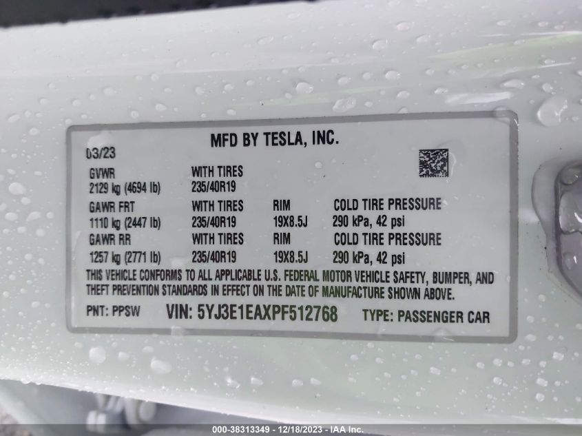 2023 TESLA MODEL 3 REAR-WHEEL DRIVE - 5YJ3E1EAXPF512768