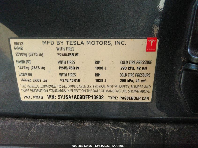 2013 TESLA MODEL S - 5YJSA1AC9DFP10932